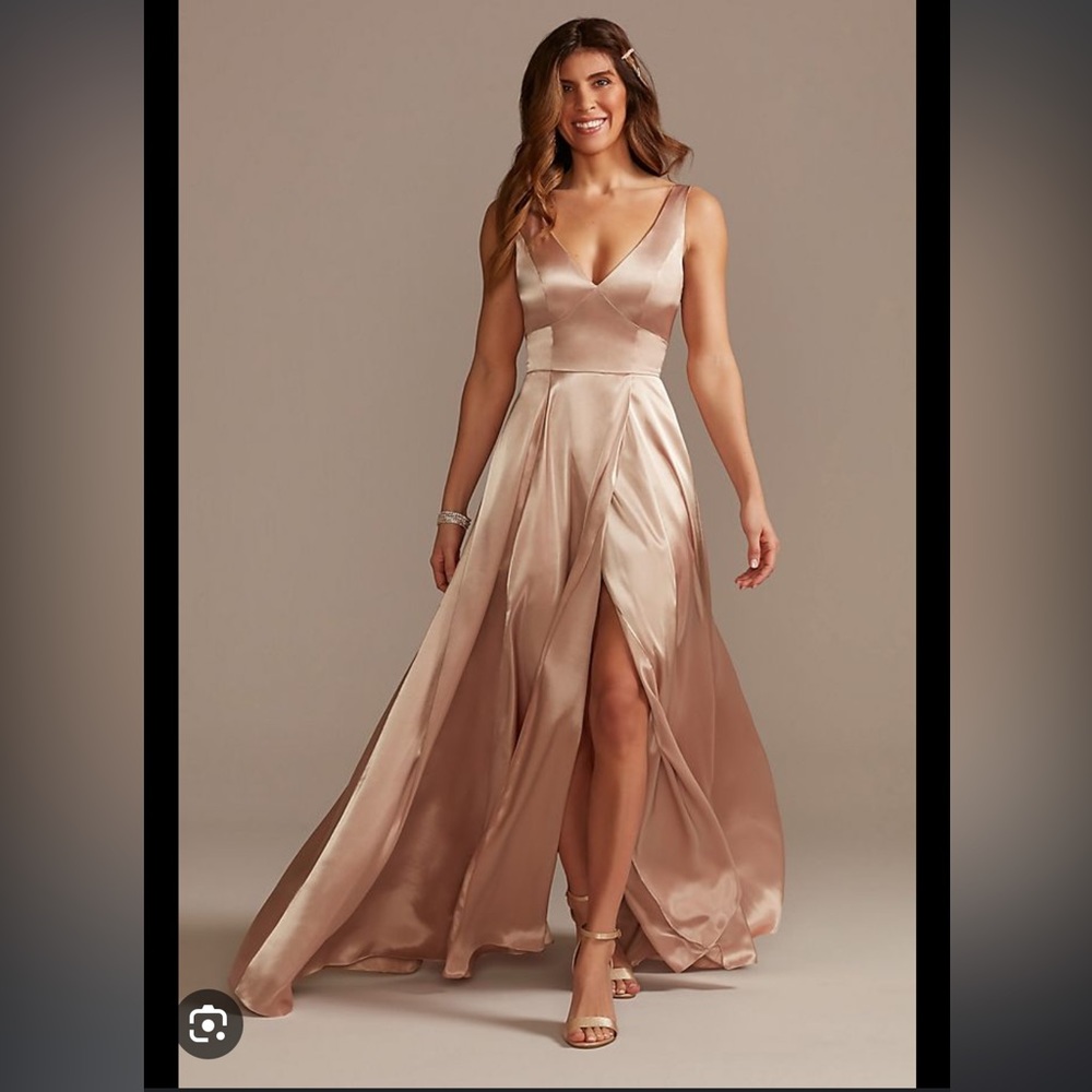 David’s Bridal Charmeuse Tank V-Neck Bridesmaid Dress with Slit, Sand, Size 8